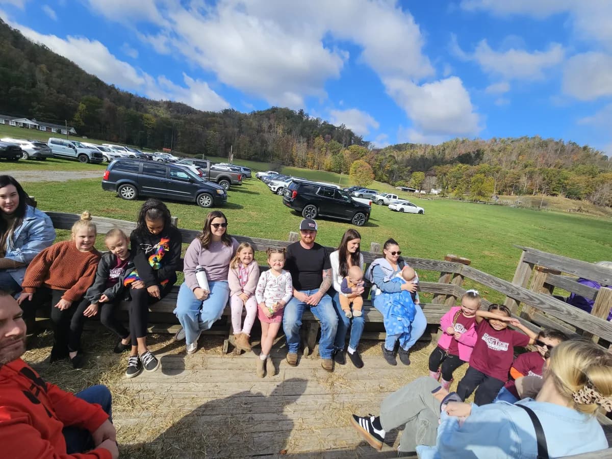 Families gathered together on the hayride wagon