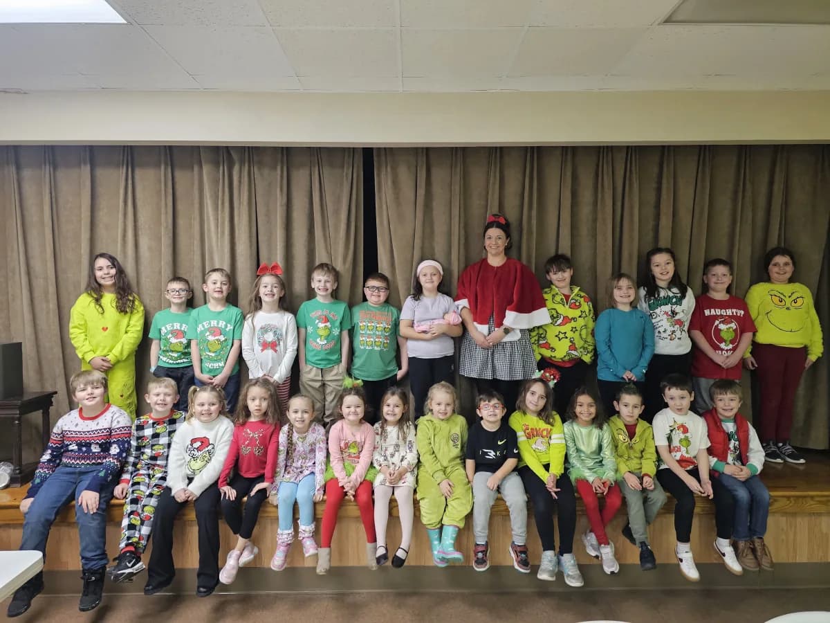 All students and teachers gathered for Grinch Day wearing green and festive attire