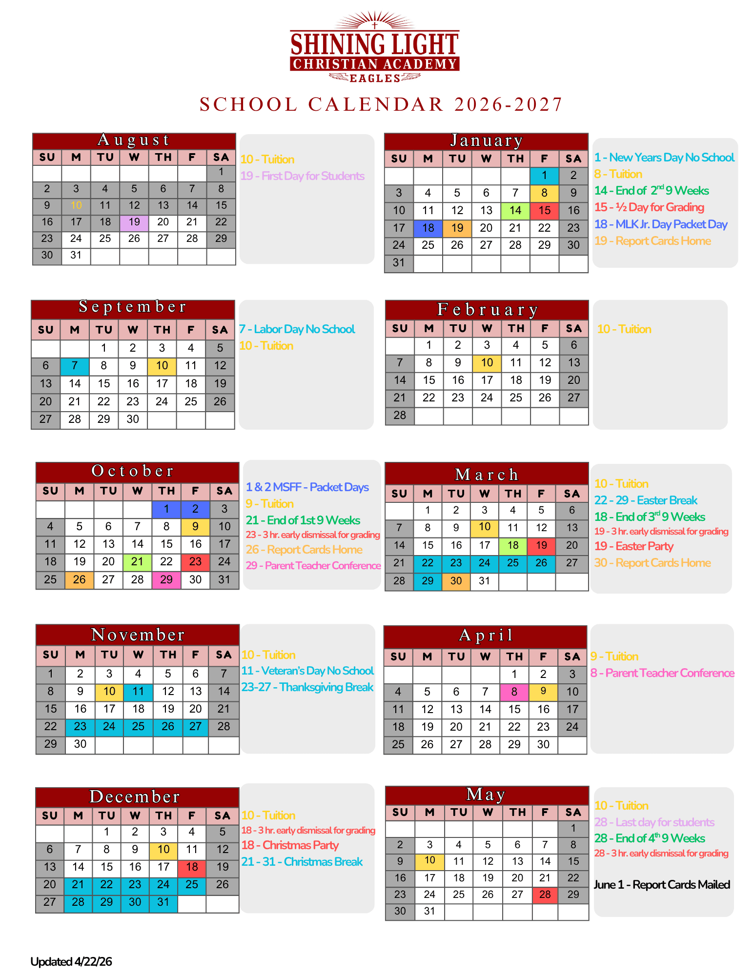 Shining Light Christian Academy 2026–2027 school calendar showing tuition due dates, holidays, breaks, parent-teacher conferences, and report card dates for each month from August 2026 through May 2027